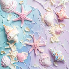 Beautiful background. Abstract background of pastel colored starfish and seashells. Beautiful background