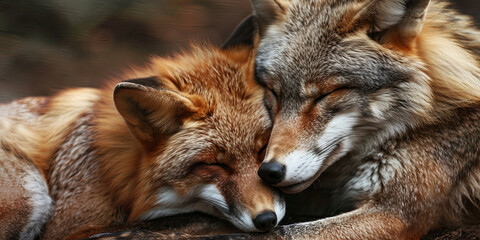 Obraz premium wolf and fox cuddle together, generative AI