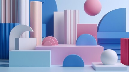A 3D rendering of geometric shapes in Pantone  arranged in a minimalist display with clean lines and a modern aesthetic