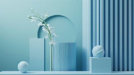 A 3D rendering of geometric shapes in Pantone  arranged in a minimalist display with clean lines and a modern aesthetic