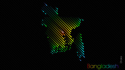 A map of Bangladesh is presented in the form of colorful diagonal lines against a dark background. The country's borders are depicted in the shape of a rainbow-colored diagram.