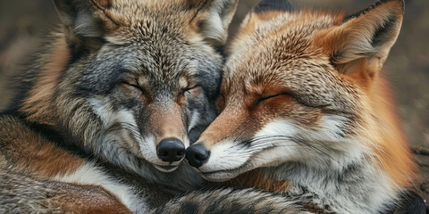 wolf and fox cuddle together, generative AI