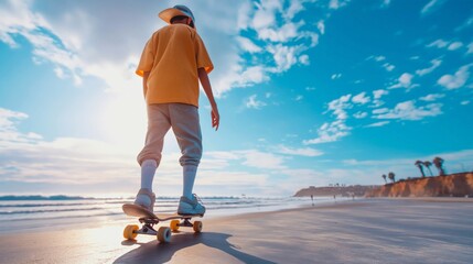 Young man in casual attire skateboarding on a beach promenade during a golden sunset, showcasing a relaxed and carefree vibe