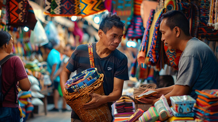 Dynamic Market Negotiation: Two Individuals Bargaining Over Handmade Crafts in a Colorful Marketplace