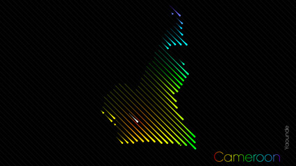 Obraz premium A map of Cameroon is presented in the form of colorful diagonal lines against a dark background. The country's borders are depicted in the shape of a rainbow-colored diagram.