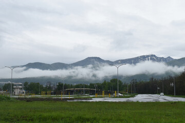 Sapporo Teine driver license examination center with the misty Teine mountain range on the background in Sapporo Hokkaido Japan