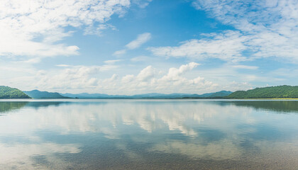 美しい山間の湖・湖畔の風景　湖面に反射する青空と雲と夏のイメージ　アウトドア・夏休み・旅行・観光・バカンス・リラクゼーションのイメージ背景