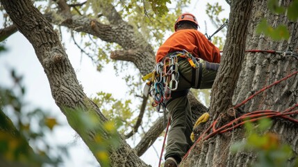 Low angle camera of professional engineer climbing a large tree wearing safety gear and safety helmet. Skilled arborist working and measuring tree while holding the safety rope. Environmental. AIG42.