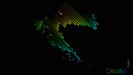 A map of Croatia is presented in the form of colorful diagonal lines against a dark background. The country's borders are depicted in the shape of a rainbow-colored diagram.