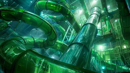 A towering green water slide modeled after the control rods that regulate nuclear fission.