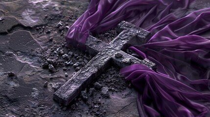 A serene and reverent image capturing the essence of Ash Wednesday, with a cross of ashes solemnly arranged on a stone surface, 