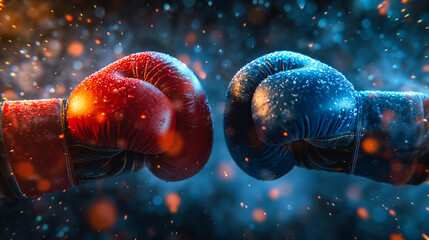 Closeup of the two boxer's gloves in red and blue color facing each opponent