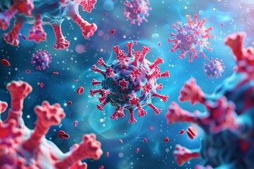 detailed illustration of COVID19 virus particles floating in space, with red hematopoietic cells around and a blue gradient background