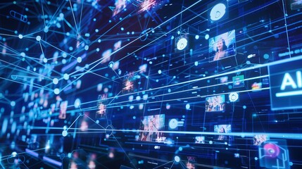 Naklejka premium A blue digital wall with many small images of people.