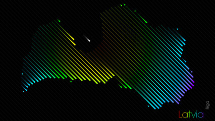 Fototapeta premium A map of Latvia is presented in the form of colorful diagonal lines against a dark background. The country's borders are depicted in the shape of a rainbow-colored diagram.