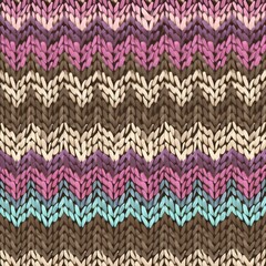 Seamless knitted pattern with pastel pink, turquoise and purple color lines on brown background. Very beautiful of sweater texture for design in knitting style for decorating.