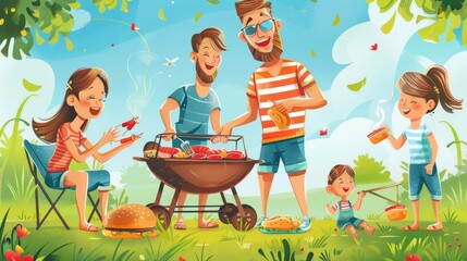 Festive cartoon vector of an outdoor barbecue with a family grilling food, playing lawn games, and enjoying a sunny afternoon together Generative AI