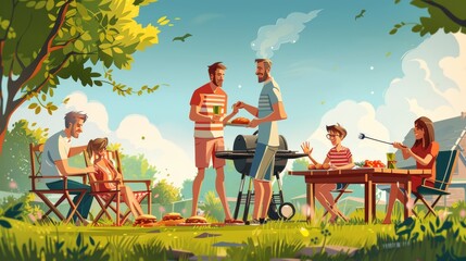Festive cartoon vector of an outdoor barbecue with a family grilling food, playing lawn games, and enjoying a sunny afternoon together Generative AI