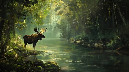 A serene scene of a moose standing at the edge of a tranquil jungle river.