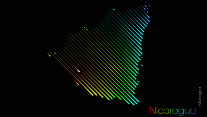 A map of Nicaragua is presented in the form of colorful diagonal lines against a dark background. The country's borders are depicted in the shape of a rainbow-colored diagram.