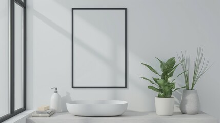 Fototapeta premium Frame mockup, bathroom powder room interior, wall poster frame