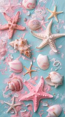 Abstract background of pastel colored starfish and seashells. Beautiful background 