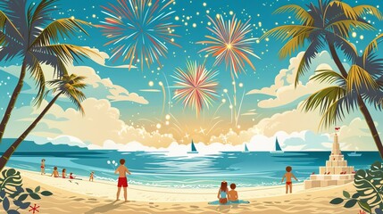 Cartoon vector of a beach celebration with families enjoying the sun, building sandcastles, and watching a festive fireworks show at dusk Generative AI