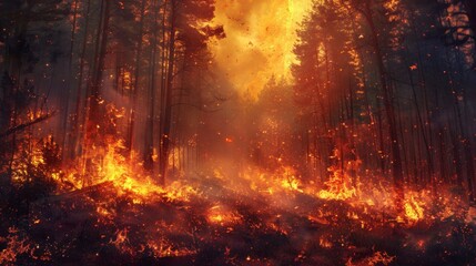 strong forest fire on a summer day. the fire element destroys trees in the forest