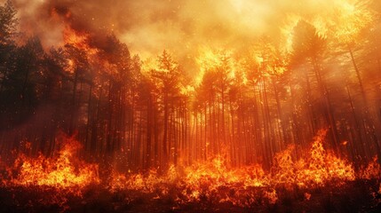strong forest fire, fire destroys trees in the forest. forest fires concept in summer