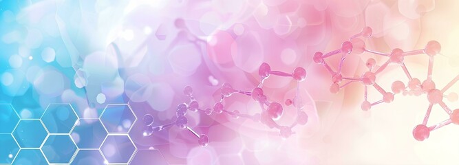 Abstract background with chemical structures and hexagons on pastel color gradient, concept of science technology research or medical 