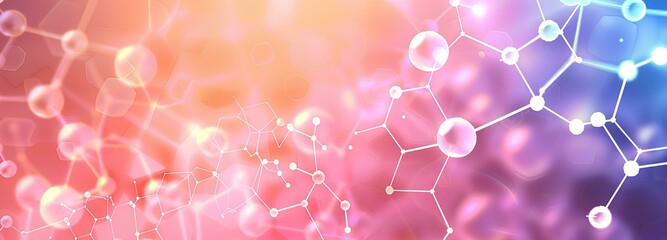 Abstract background with chemical structures and hexagons on pastel color gradient, concept of science technology research or medical 