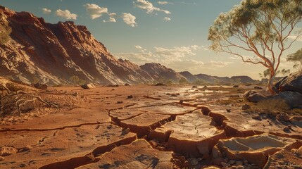 Fototapeta premium A sobering image capturing the stark reality of global warming's impact on the outback, with cracks and dryness marring the once-thriving landscape, illustrating the urgent need for climate action 