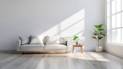 Sofa and coffee table in a modern living room interior with a white wall background, wooden floor, and bright window light and shadows. Minimalist home design concept rendered