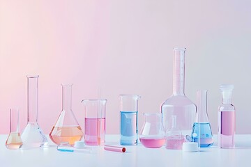 A set of laboratory glassware with colorful liquids and tools on a pastel background, concept for medical or scientific research in light pink and white pastel colors with soft lighting. 