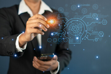 Businesswoman Using Ai artificial intelligence on laptop to document management concept, Ai tech, businessman show virtual graphic Global Internet connect Chat with AI   Futuristic technology