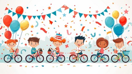 Cartoon vector illustration of children participating in a patriotic bicycle parade, with bikes decorated with flags, streamers, and colorful balloons Generative AI