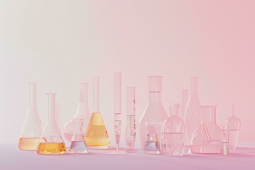 A set of laboratory glassware with colorful liquids and tools on a pastel background, concept for medical or scientific research in light pink and white pastel colors with soft lighting. 