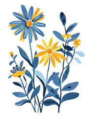 A blue and yellow pattern of flowers, on a white background, with simple lines and white space in the middle, like a hand drawn illustration with bold brushstrokes and simple shapes