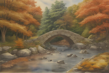 A vintage watercolor landscape featuring a quaint stone bridge nestled amidst a grove of towering trees. 