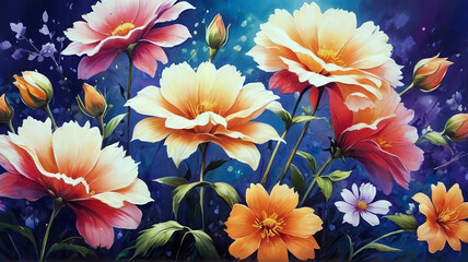 Spring flowers painted with oil paints on canvas