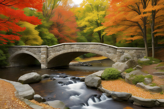 A vintage watercolor landscape featuring a quaint stone bridge nestled amidst a grove of towering trees. 