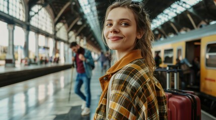 Fototapeta premium woman young male traveler in train station with trolley suitcase, looking at camera. 