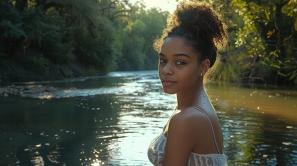Fototapeta premium A Mixed-Race Teenage Girl Posed On The Riverside, Her Beauty Enhanced By The Tranquil Surroundings, Hd Images