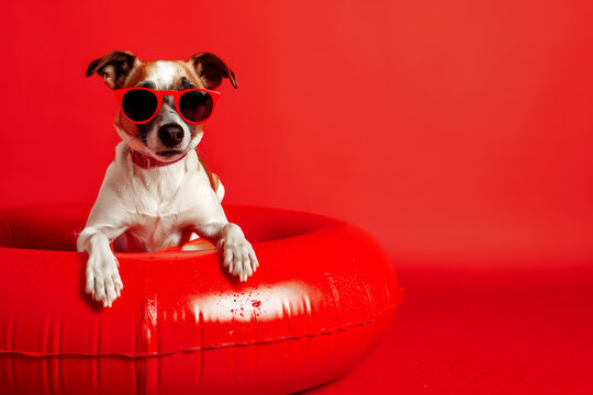 Dog with funky sunglasses in swimming ring enjoying summer holiday. generative ai