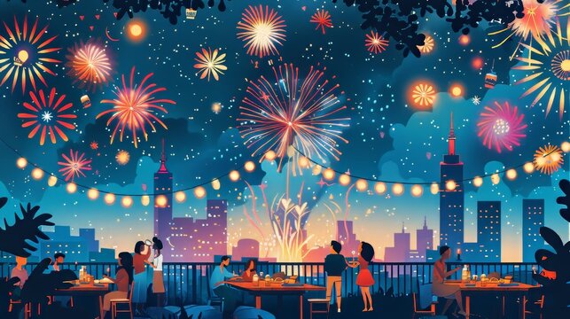 Festive cartoon vector of a rooftop party with people enjoying food and drinks, watching fireworks, and celebrating Independence Day with friends and family Generative AI