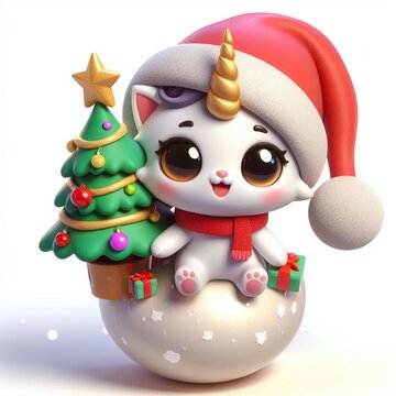Animated character 3D image of cute, kind, little caticorn in a hat with a decorated christmas tree. composition in a ball