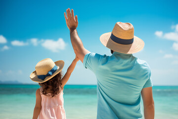 Father and daughter waving at the ocean, standing on a sunny beach, enjoying a joyful and carefree day, both with arms raised