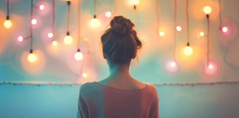Young woman standing in front of a wall with colorful light bulbs hanging on it, looking at the...