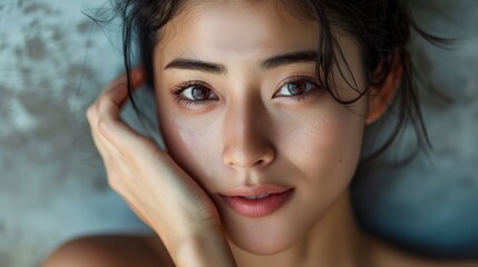 A Portrait Of A Beautiful Young Asian Woman, Happiness Evident In Her Eyes As She Touches Her Cheek Gently, Hd Images