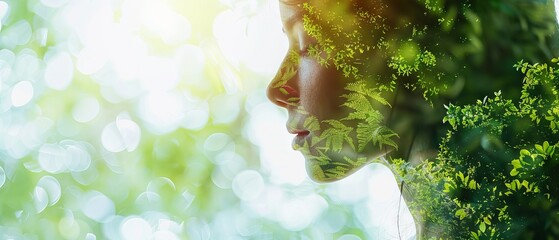 Double exposure portrait of a woman with a forest background, symbolizing the connection between humanity and nature.